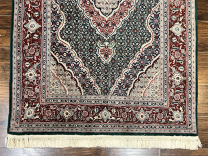 Sino Persian Rug 4x6, Wool with Silk Highlights, Fine Hand Knotted Carpet, Green & Maroon Red, Herati Medallion, Vintage Rug - Nuvé