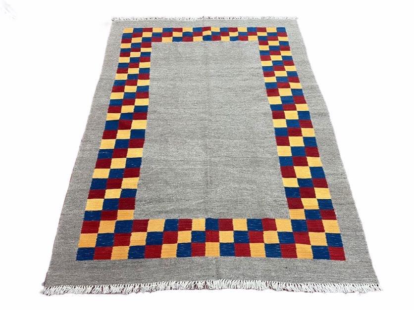 Gray Kilim Carpet, Yellow, Red, Blue Checkerboard Pattern, Flatweave, New, Geometric, Hand-Knotted, Wool, Turkish Area Rug, 5' 9" x 7' 9" - Nuvé
