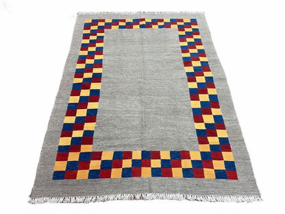 Gray Kilim Carpet, Yellow, Red, Blue Checkerboard Pattern, Flatweave, New, Geometric, Hand-Knotted, Wool, Turkish Area Rug, 5' 9" x 7' 9" - Nuvé