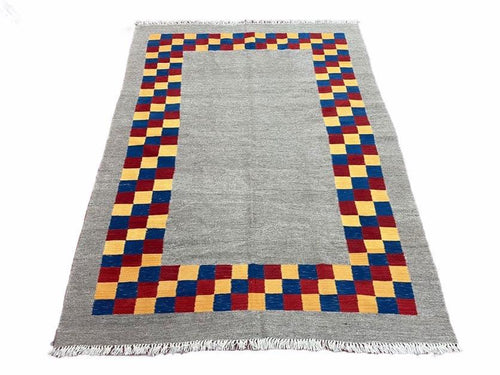 Gray Kilim Carpet, Yellow, Red, Blue Checkerboard Pattern, Flatweave, New, Geometric, Hand-Knotted, Wool, Turkish Area Rug, 5' 9" x 7' 9" - Nuvé