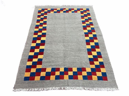 Gray Kilim Carpet, Yellow, Red, Blue Checkerboard Pattern, Flatweave, New, Geometric, Hand-Knotted, Wool, Turkish Area Rug, 5' 9" x 7' 9" - Nuvé