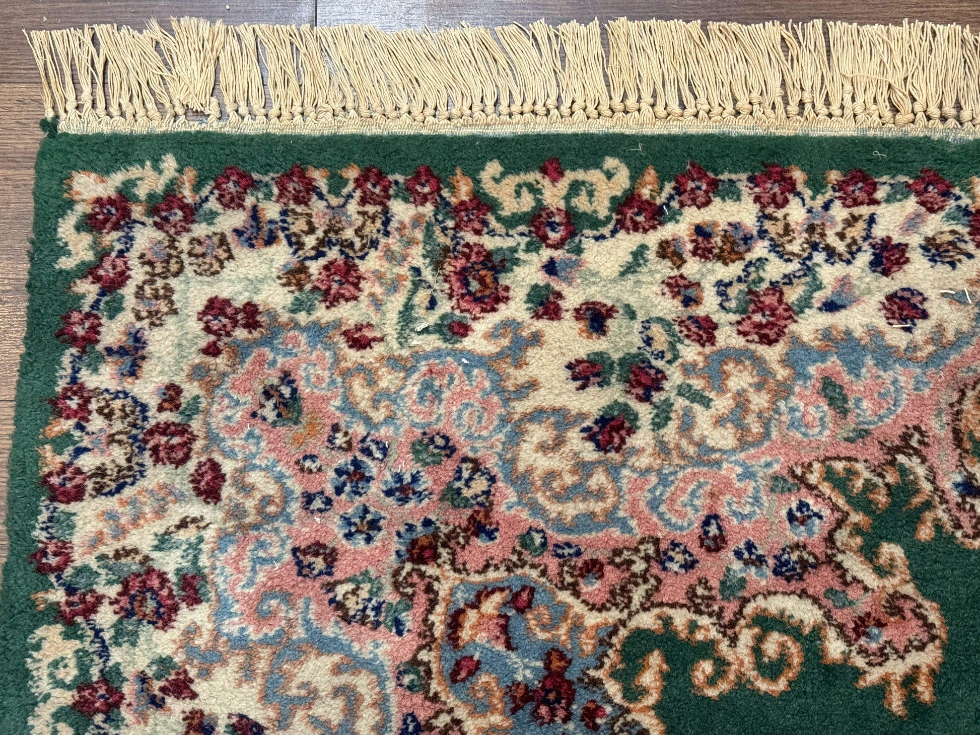 Persian Kerman Rug 4x6, Green Ivory Pink, Wool Vintage, Semi Open Field - Nuvé