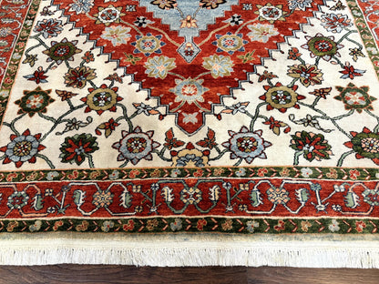 Indo Persian Heriz Rug 7x9, Geometric Pattern, Cream & Light Red, Handmade Vintage Wool Carpet - Nuvé