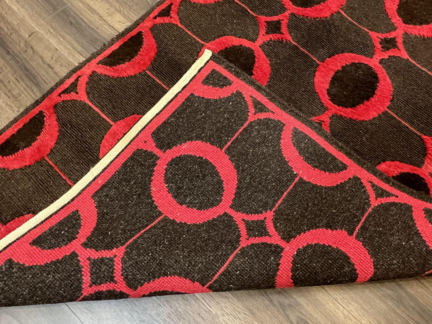 Modern Tibetan Rug 3.8 x 5.7, Raspberry Red and Dark Brown, Abstract Circle Design, Hand Knotted, Soft Wool Handmade Tibet Nepali Carpet 4x6 - Nuvé
