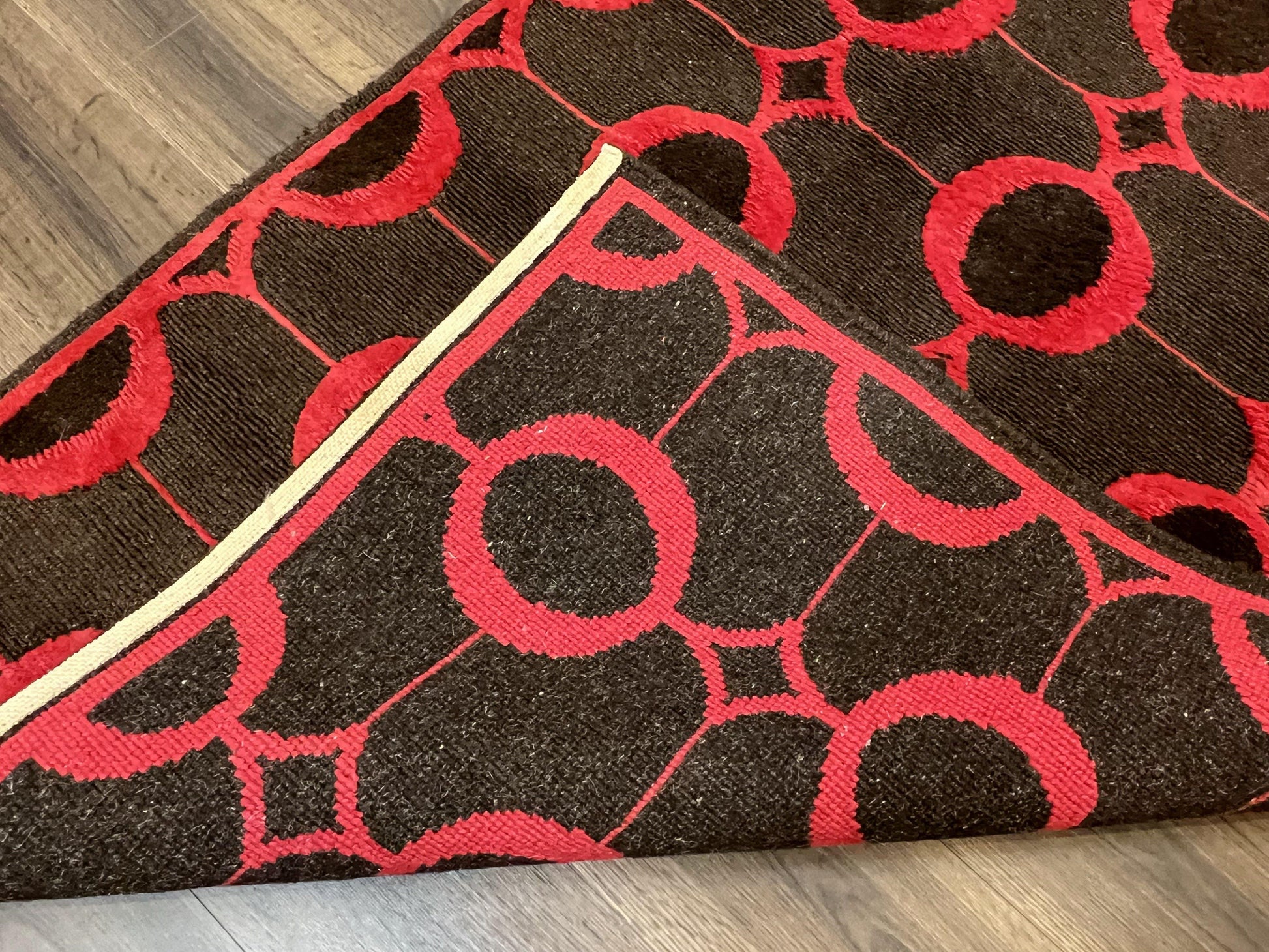 Modern Tibetan Rug 3.8 x 5.7, Raspberry Red and Dark Brown, Abstract Circle Design, Hand Knotted, Soft Wool Handmade Tibet Nepali Carpet 4x6 - Nuvé