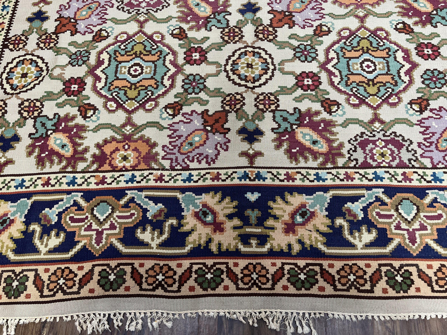Antique Turkish Kilim Rug 7x10 Allover Pattern, Ivory Cream Maroon Light Blue, Wool Flatweave Hand Woven, Large Kilim, Vintage Kilim Carpet - Nuvé