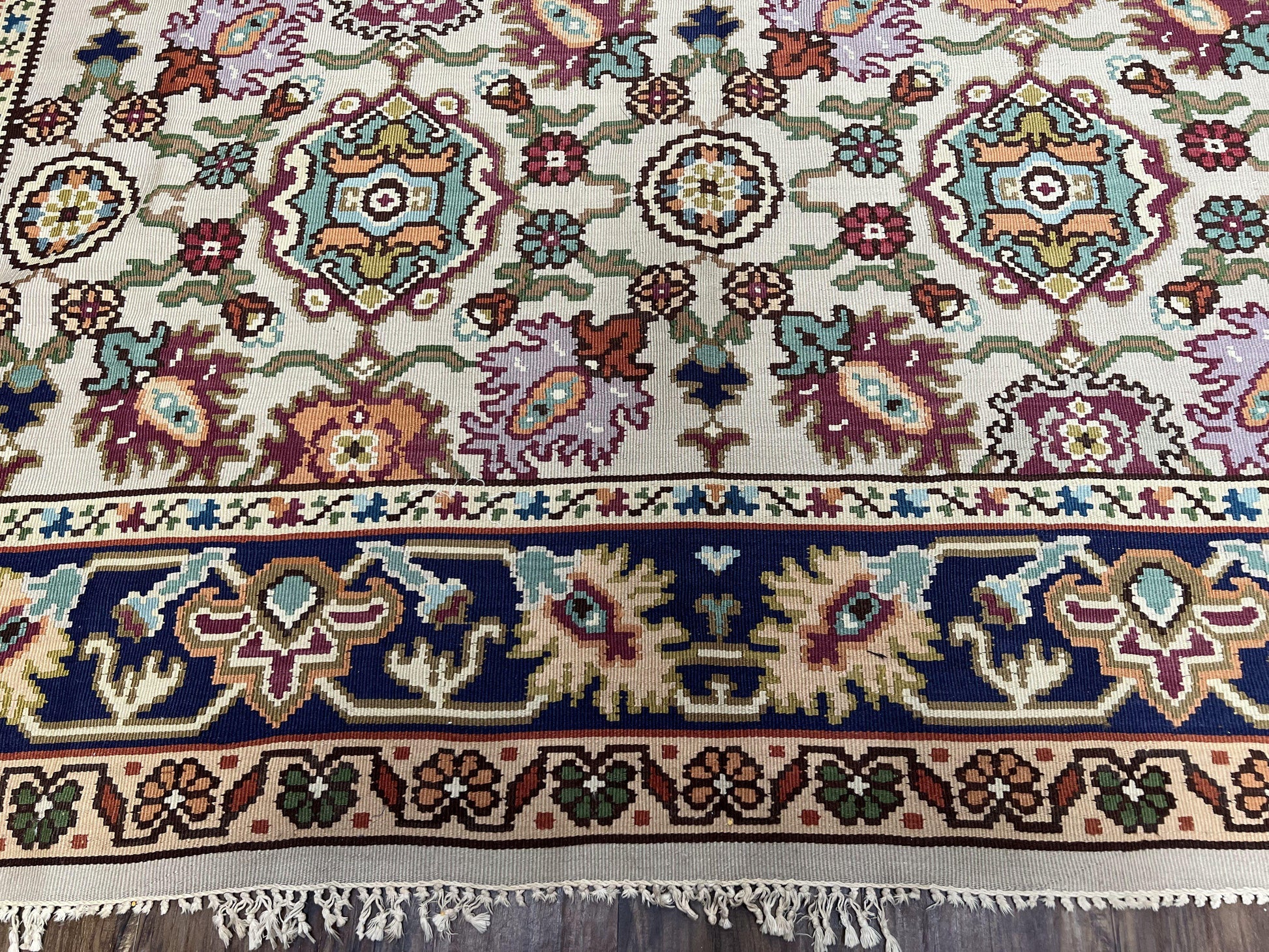 Antique Turkish Kilim Rug 7x10 Allover Pattern, Ivory Cream Maroon Light Blue, Wool Flatweave Hand Woven, Large Kilim, Vintage Kilim Carpet - Nuvé