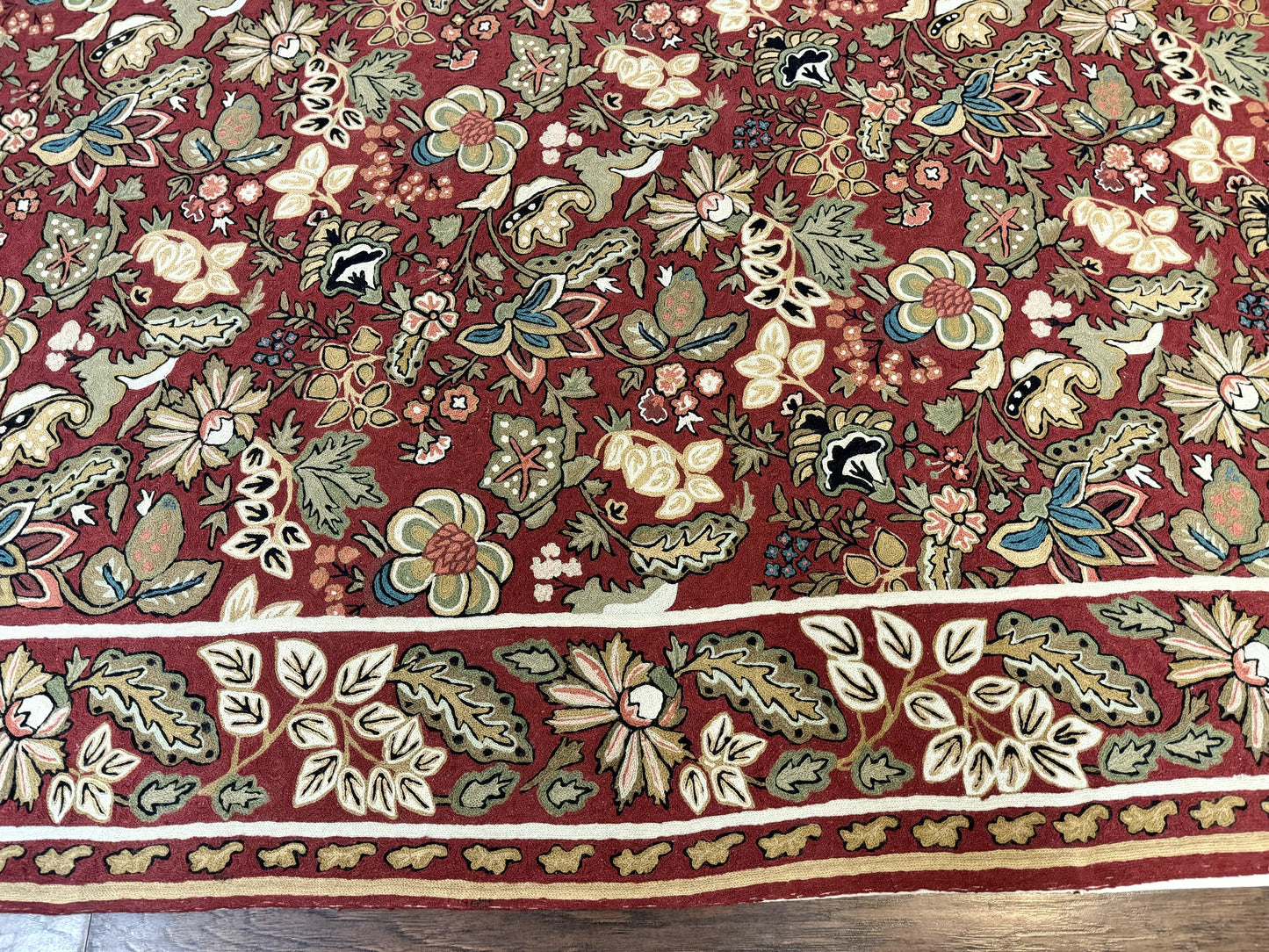 Indian Hand Stitched Rug 8x10, Large Vintage Floral Handmade Carpet, Dark Red Multicolor