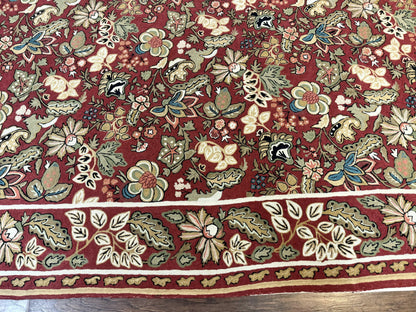 Indian Hand Stitched Rug 8x10, Large Vintage Floral Handmade Carpet, Dark Red Multicolor