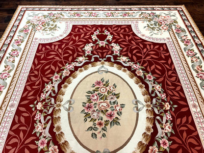 Wonderful Aubusson Rug 9x12, Handmade Vintage Needlepoint Carpet, Red and Ivory, Elegant European Design, Wool - Nuvé