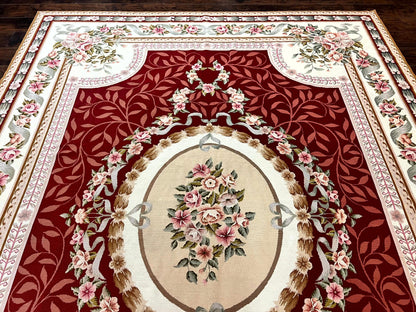 Wonderful Aubusson Rug 9x12, Handmade Vintage Needlepoint Carpet, Red and Ivory, Elegant European Design, Wool