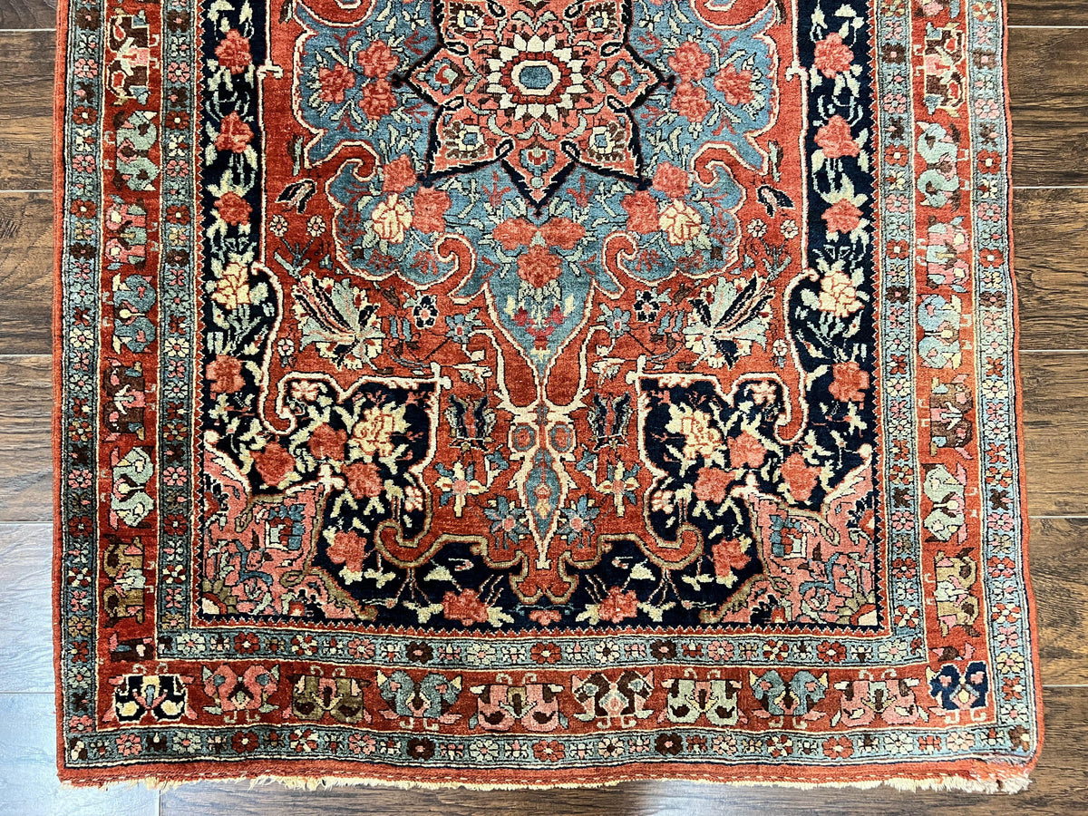 Antique Persian Bidjar Rug 4x5, Red and Blue, Hand Knotted Wool Carpet