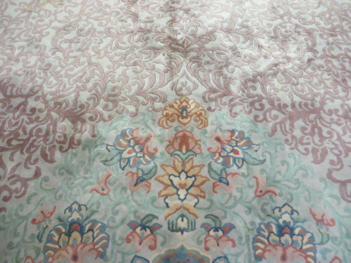9' X 12' Vintage Handmade Chinese Carving Sculpture Wool Rug Flower Design Pink Carpet