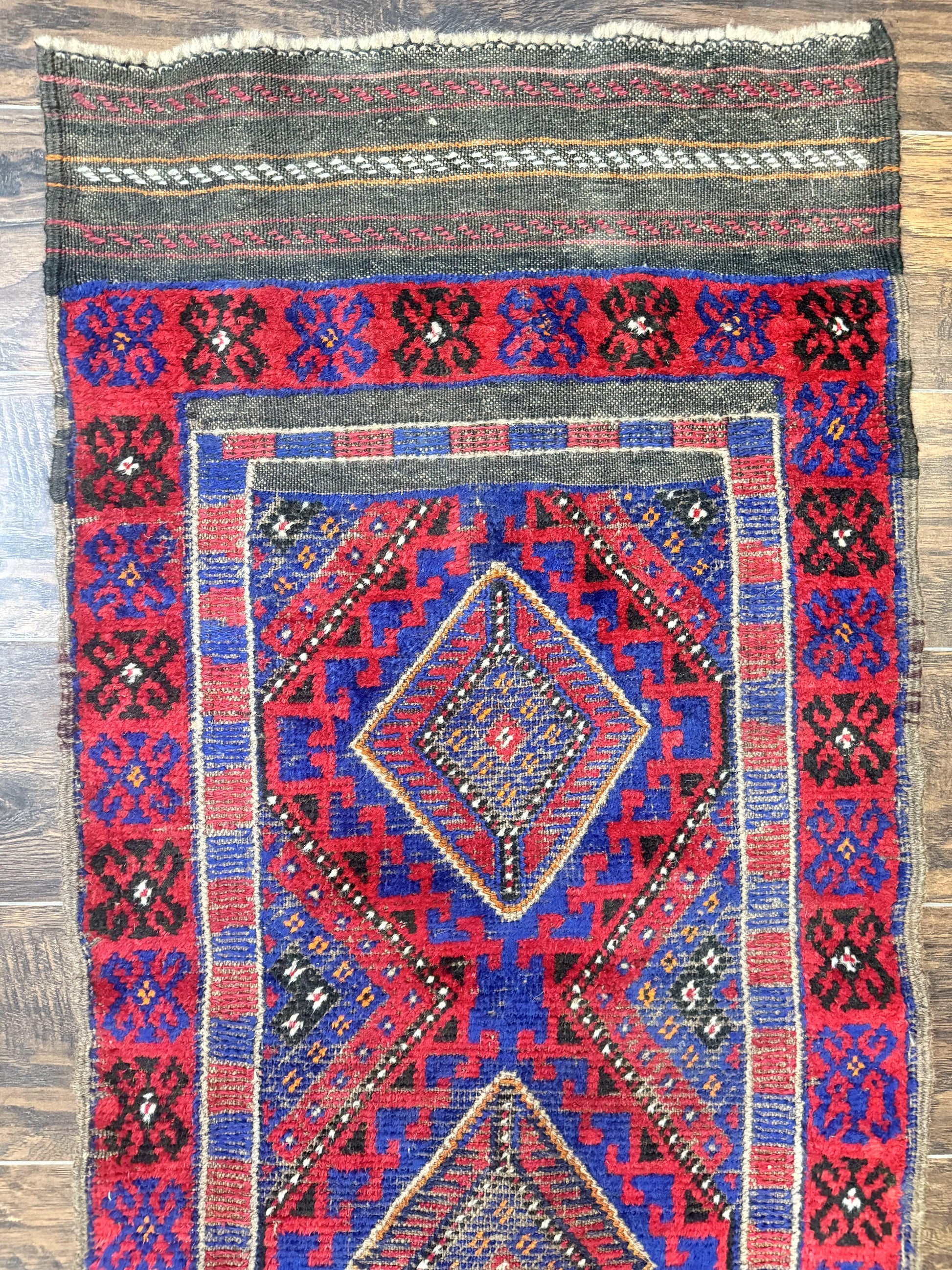 Turkoman Runner Rug 2 x 8.6, Skinny Runner, Handmade Wool Carpet for Hallway, Red and Blue, Wool, Vintage 8ft Runner - Nuvé