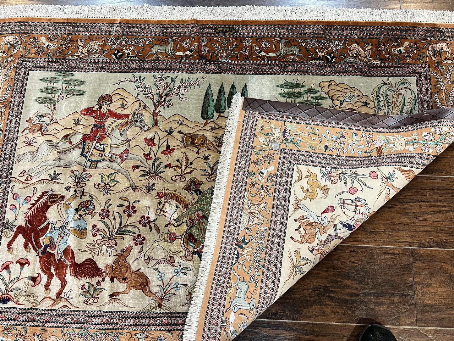 Silk Persian Qum Rug 3x5, Hunting Pattern, Handmade Vintage Carpet, Signed by Master Weaver, Horsemen Pictorials, Super Fine 650 KPSI - Nuvé