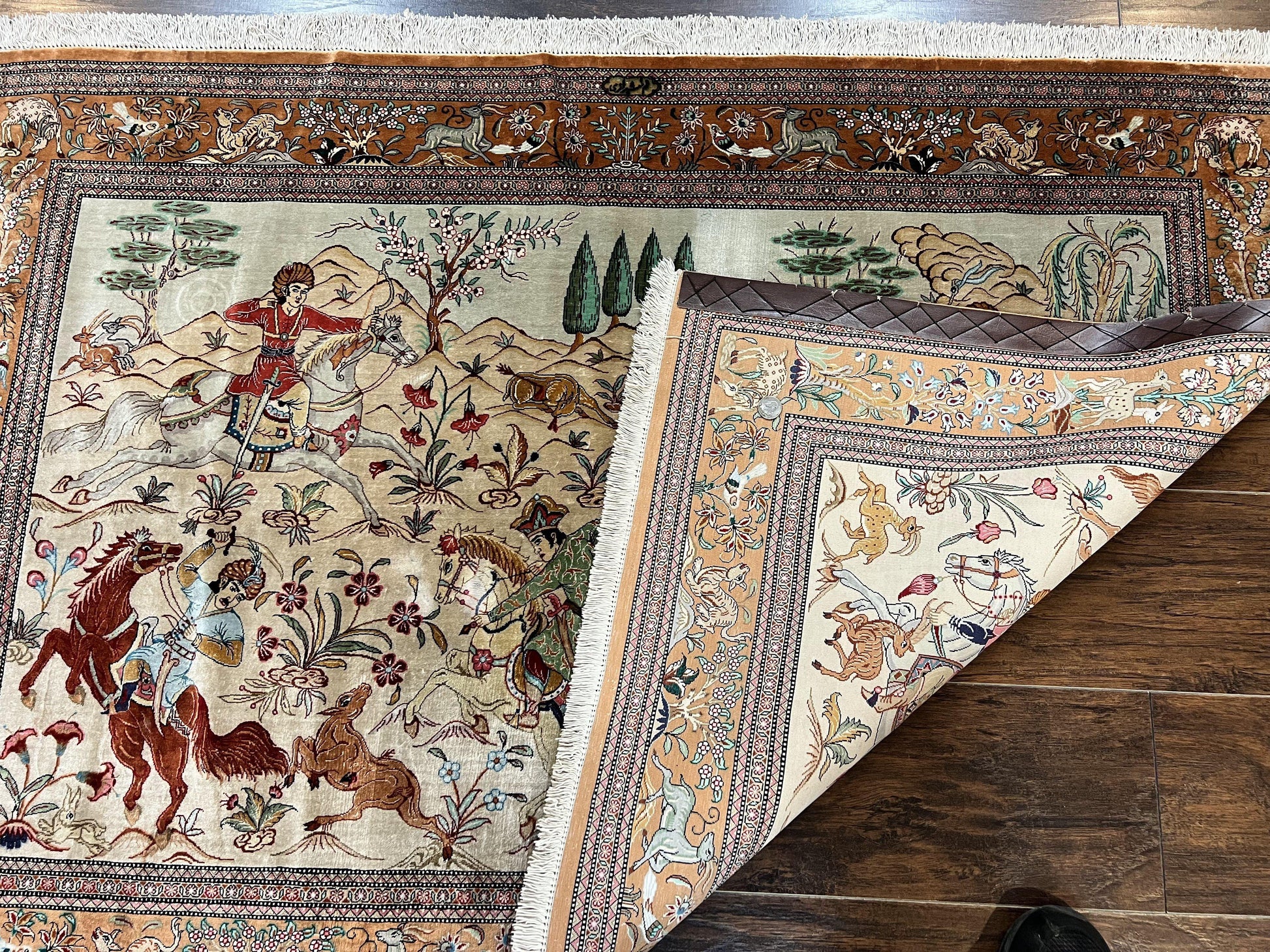 Silk Persian Qum Rug 3x5, Hunting Pattern, Handmade Vintage Carpet, Signed by Master Weaver, Horsemen Pictorials, Super Fine 650 KPSI - Nuvé