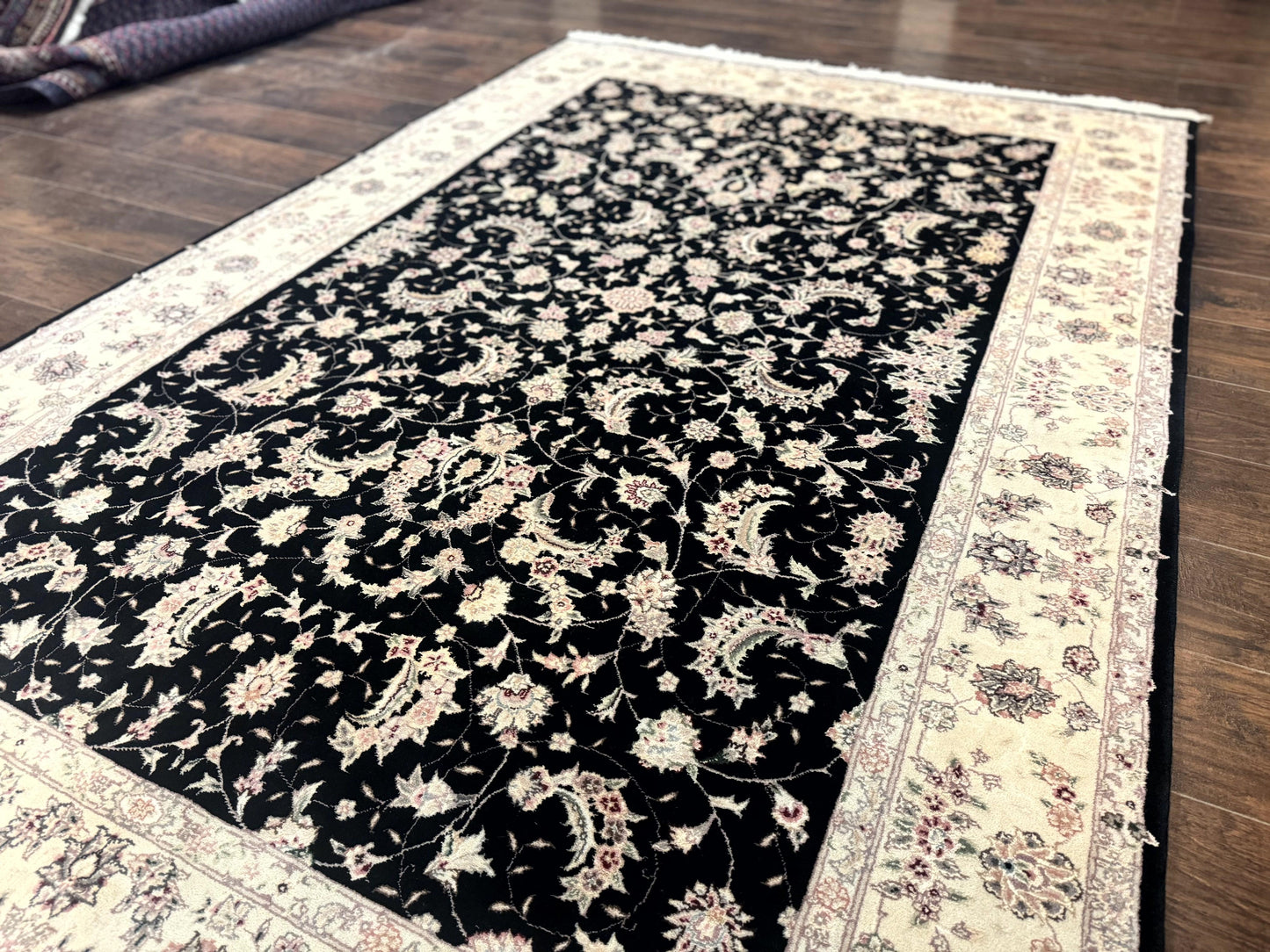 Sino Persian Rug 6x9, Black and Ivory, Wool and Silk Highlights, Handmade - Nuvé