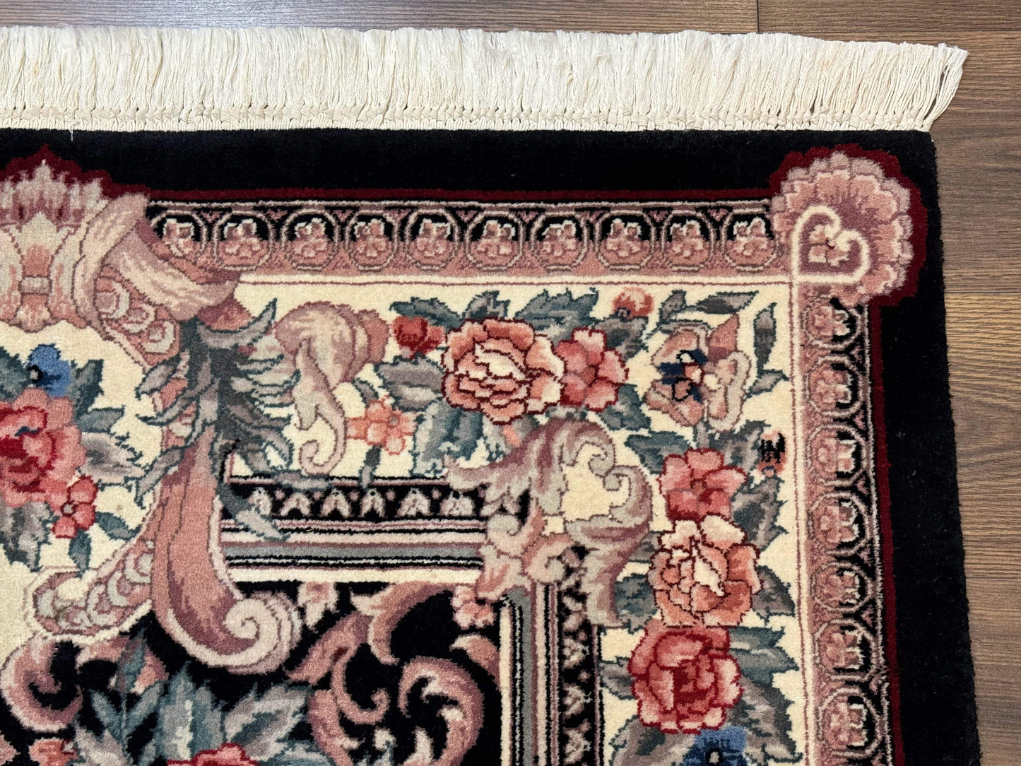 Aubusson Rug 4x6, Elegant European Floral Design, Black and Ivory, Fine 200 KPSI - Nuvé