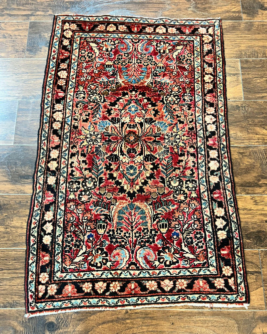 Small Antique Persian Rug 2.6 x 4, Red Floral Handmade 1920s Wool Rug, Persian Hamadan Lilian Rug - Nuvé