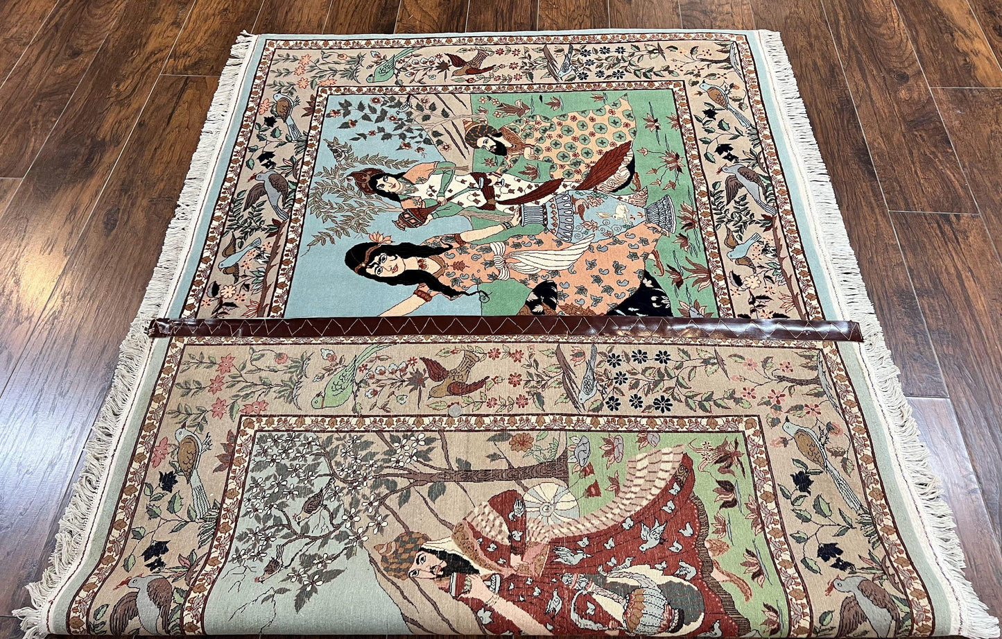Indo Persian Pictorial Rug 4x7, Handmade Hand Knotted Wool Semi Antique Horizontal Carpet, Men & Women Drinking, Fine Rug, Bird Pictorials - Nuvé