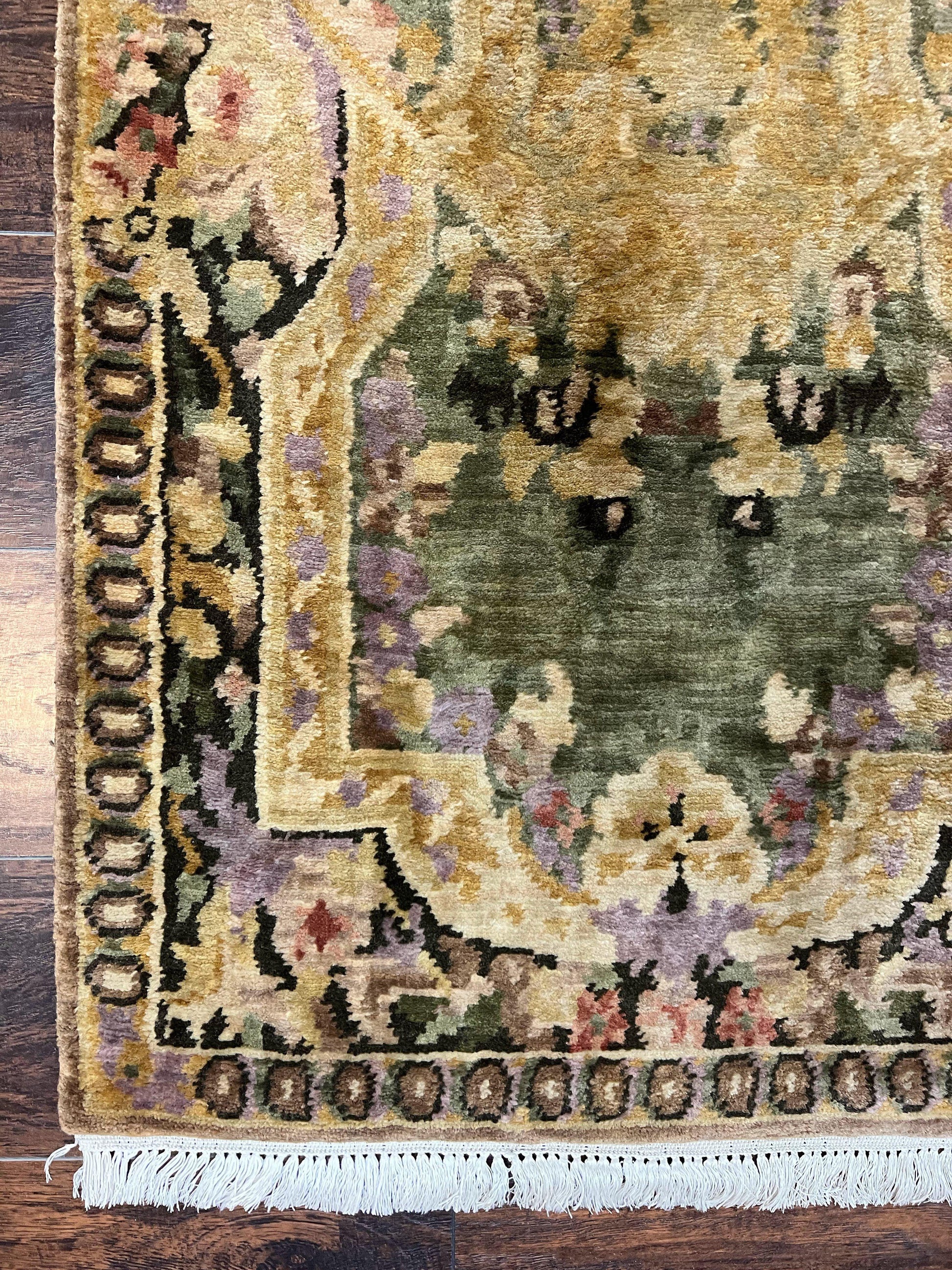 Tibetan Runner Rug 2.6 x 10, French Aubusson Pattern, Gold Olive Green, Vintage Handmade European Design, Wool Hallway Rug - Nuvé