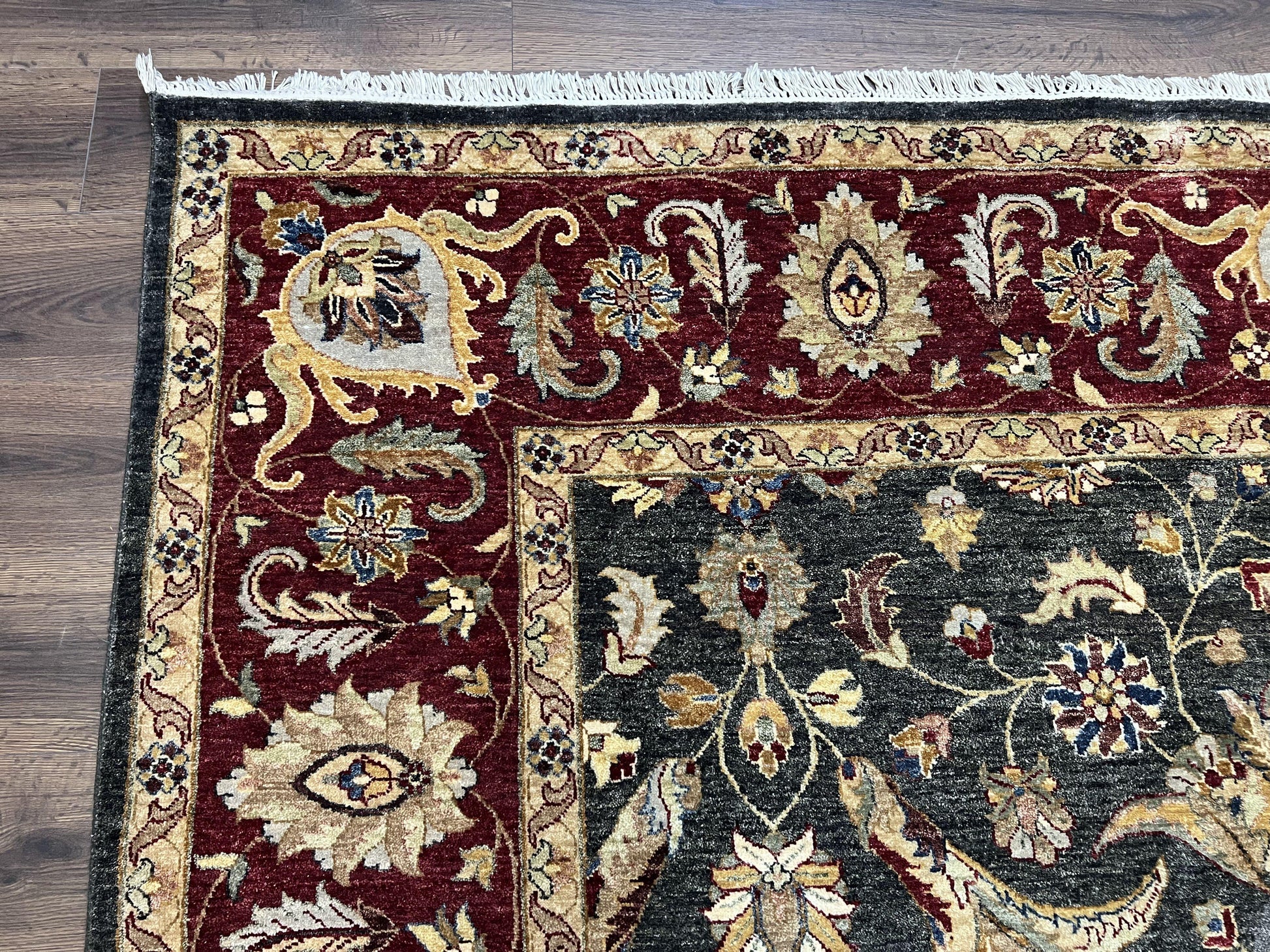 Pak Persian Mahal Rug 9x12, Allover Floral Pakistani Oriental Carpet 9 x 12, Wool Hand Knotted Area Rug, Dark Slate Gray-Black and Maroon - Nuvé