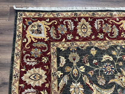 Pak Persian Mahal Rug 9x12, Allover Floral Pakistani Oriental Carpet 9 x 12, Wool Hand Knotted Area Rug, Dark Slate Gray-Black and Maroon - Nuvé