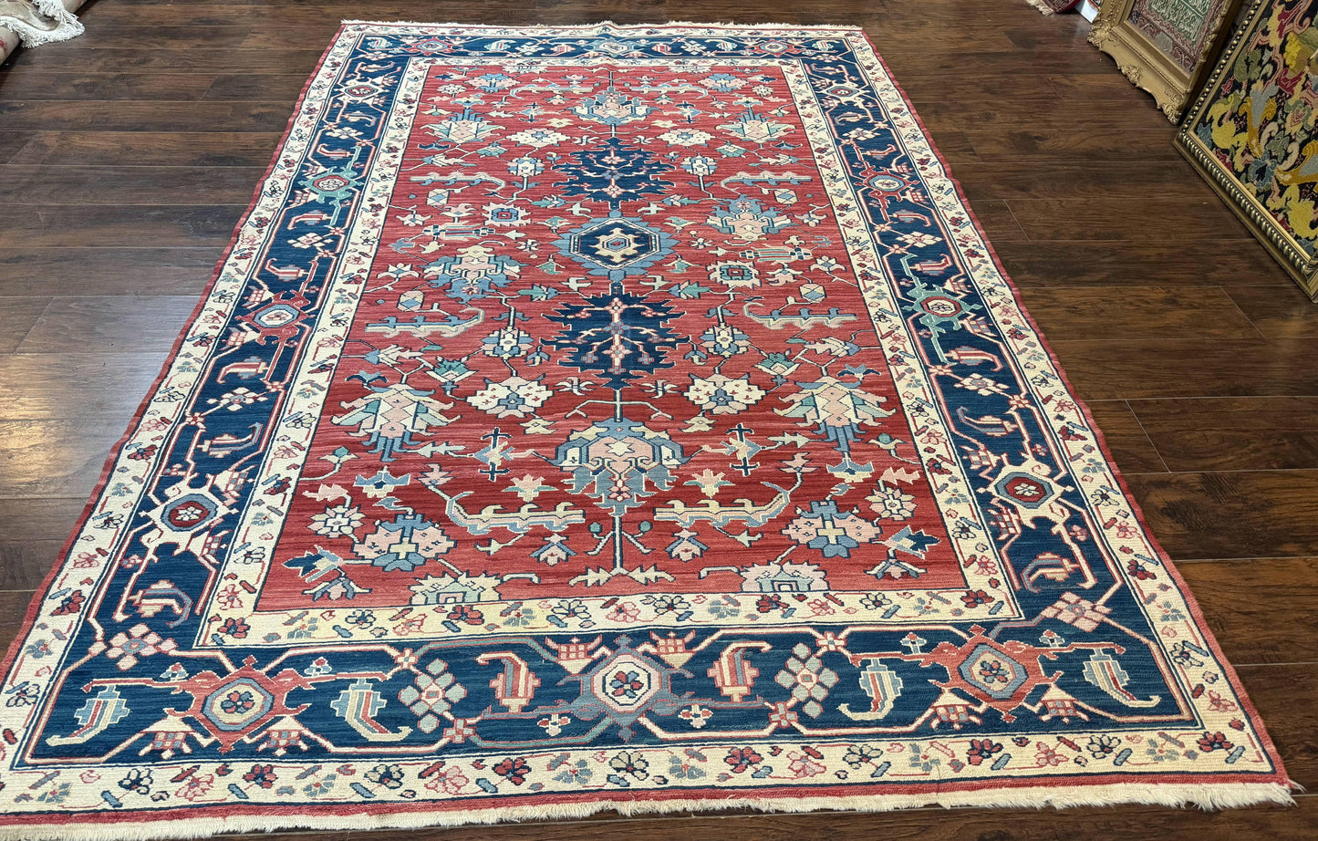 Turkish Flatweave Rug 6x9, Heriz Design, Red and Blue - Nuvé