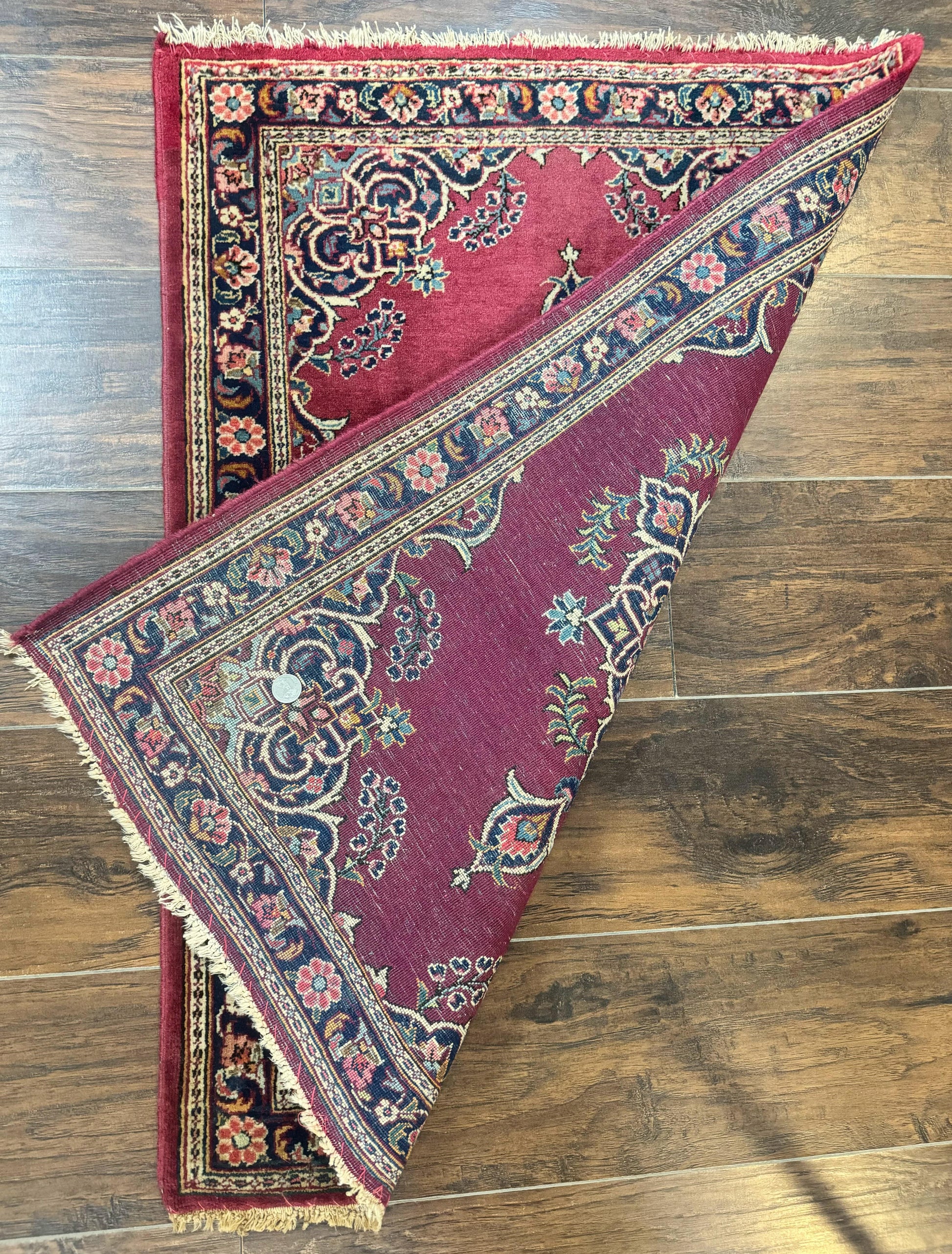 Small Persian Kashan Rug 2x3, Red and Navy Blue, Handmade Vintage Wool Semi Antique Persian Carpet, Semi Open Field, Pair B - Nuvé