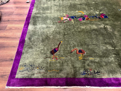 Antique Chinese Nichols Rug 9x12 - Rare Green and Purple Art Deco Carpet - Nuvé