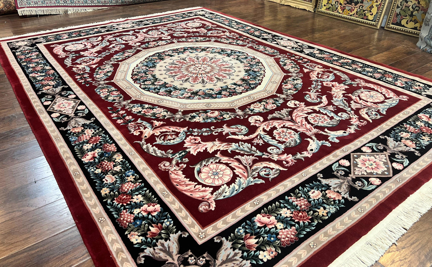 Chinese Aubusson Rug 9x12, Burgundy, Handmade Vintage Wool Carpet, Fine 210 KPSI, Elegant European Design - Nuvé