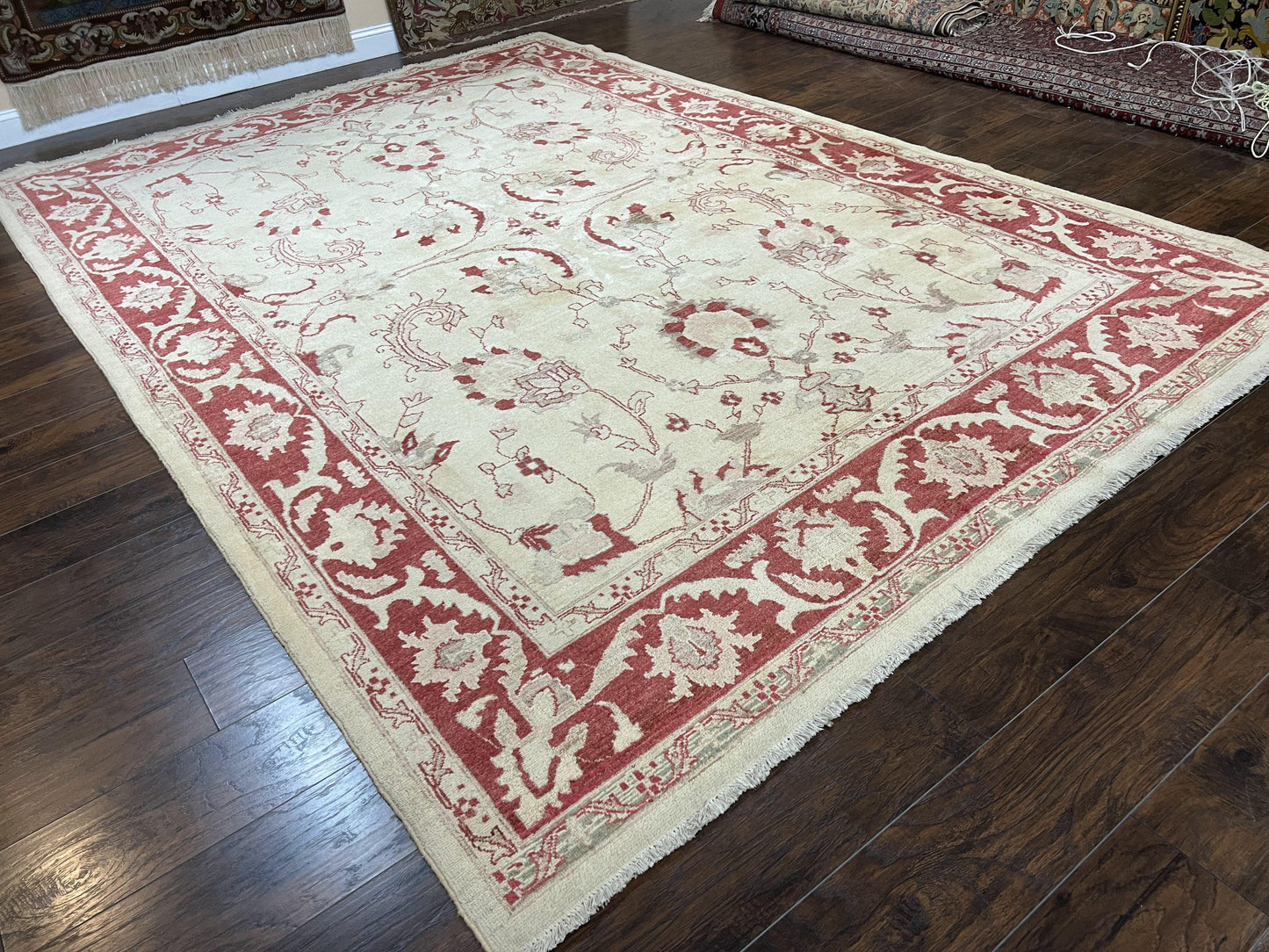 Peshawar Rug 8x12 Pakistani Carpet, Oriental Rug 8 x 12 Chobi Rug, Beige and Red, Allover Large Floral Design, Hand Knotted Vintage Wool - Nuvé