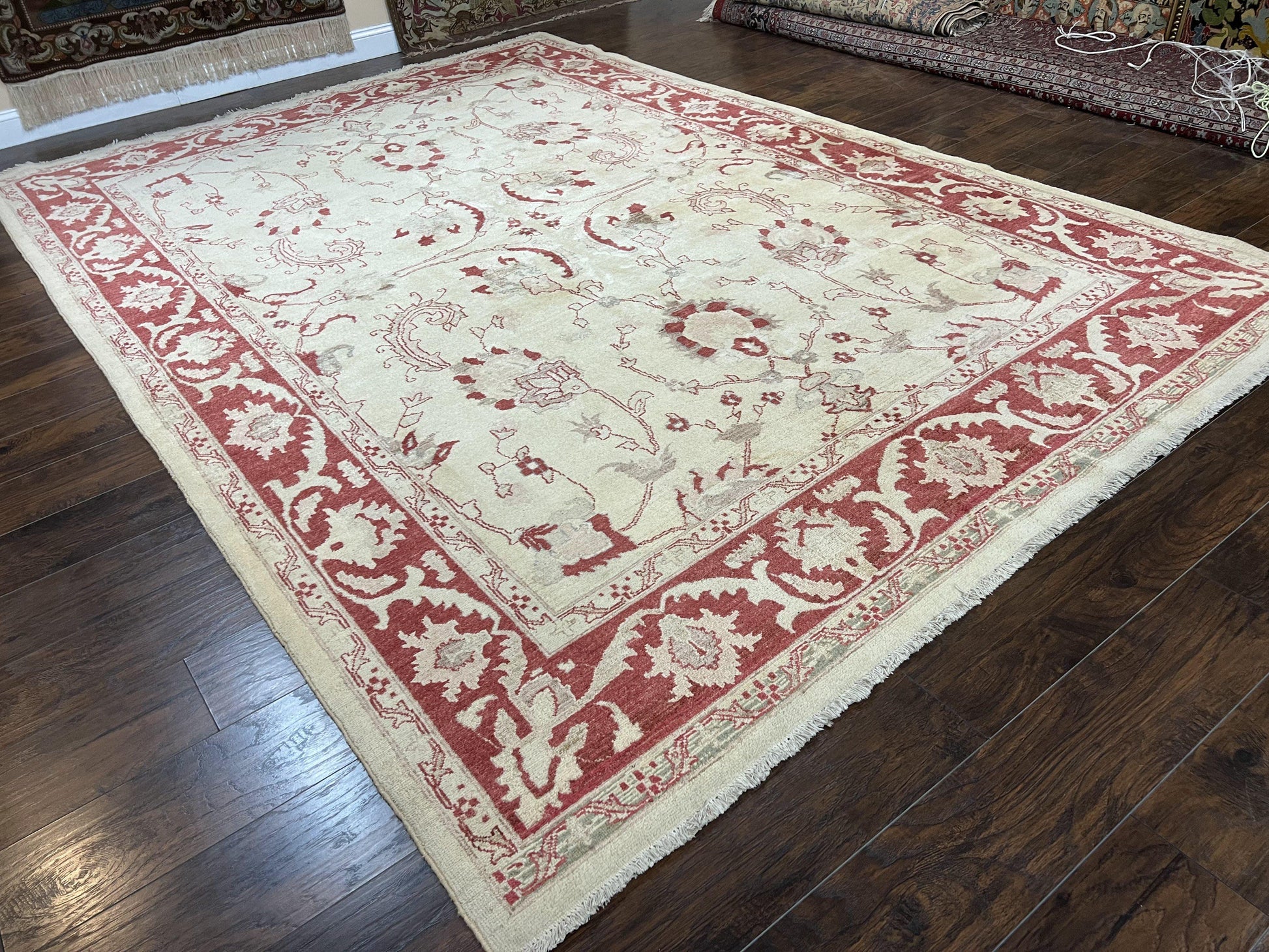 Peshawar Rug 8x12 Pakistani Carpet, Oriental Rug 8 x 12 Chobi Rug, Beige and Red, Allover Large Floral Design, Hand Knotted Vintage Wool - Nuvé