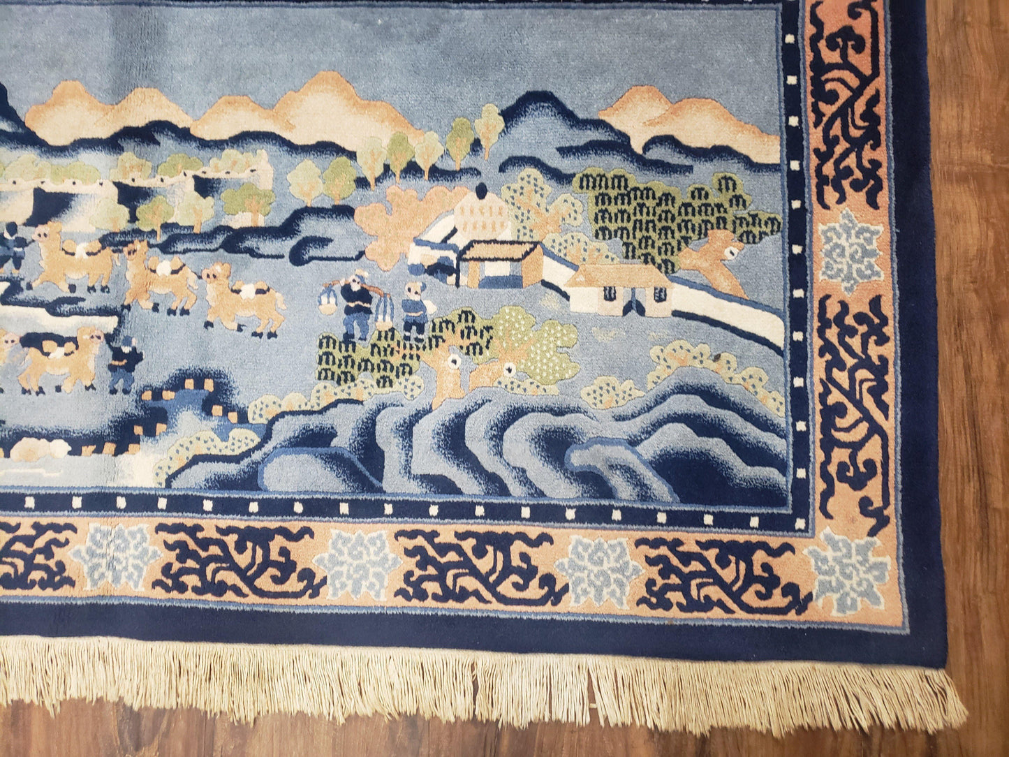 Vintage Chinese Pictorial Rug 2'4" x 4' 7", Chinese Village, Wool Hand-Knotted Blue & Teal Fine Carpet, Tapestry Rug, Woven Wall Art - Nuvé