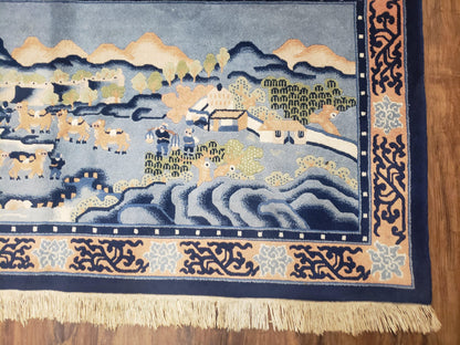Vintage Chinese Pictorial Rug 2'4" x 4' 7", Chinese Village, Wool Hand-Knotted Blue & Teal Fine Carpet, Tapestry Rug, Woven Wall Art - Nuvé