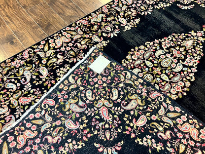Antique Persian Kirman Rug 5x8, Floral Kirman, Midnight Blue/Black, Semi Open Field, Handmade Vintage Wool Carpet - Nuvé