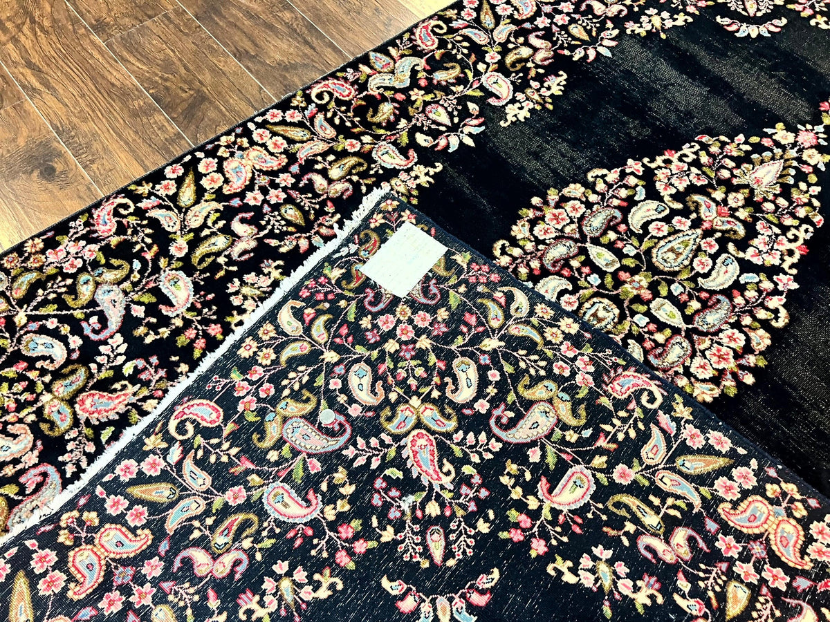 Antique Persian Kirman Rug 5x8, Floral Kirman, Midnight Blue/Black, Semi Open Field, Handmade Vintage Wool Carpet