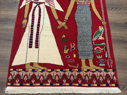 Egyptian Pictorial Rug 3x4, Hieroglyphic Pictorial Rug, Egyptian Prince and Princess, Cleopatra, Vintage Handmade, Red - Nuvé