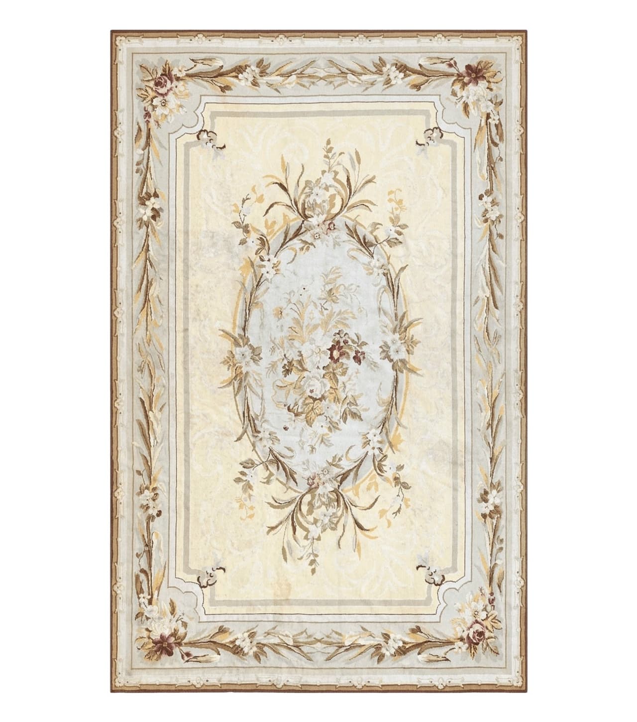 Needlepoint Rug 6x9, Elegant European Design Aubusson Carpet, Vintage Wool Handmade Rug, Light Yellow Ivory