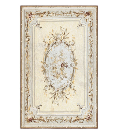 Needlepoint Rug 6x9, Elegant European Design Aubusson Carpet, Vintage Wool Handmade Rug, Light Yellow Ivory