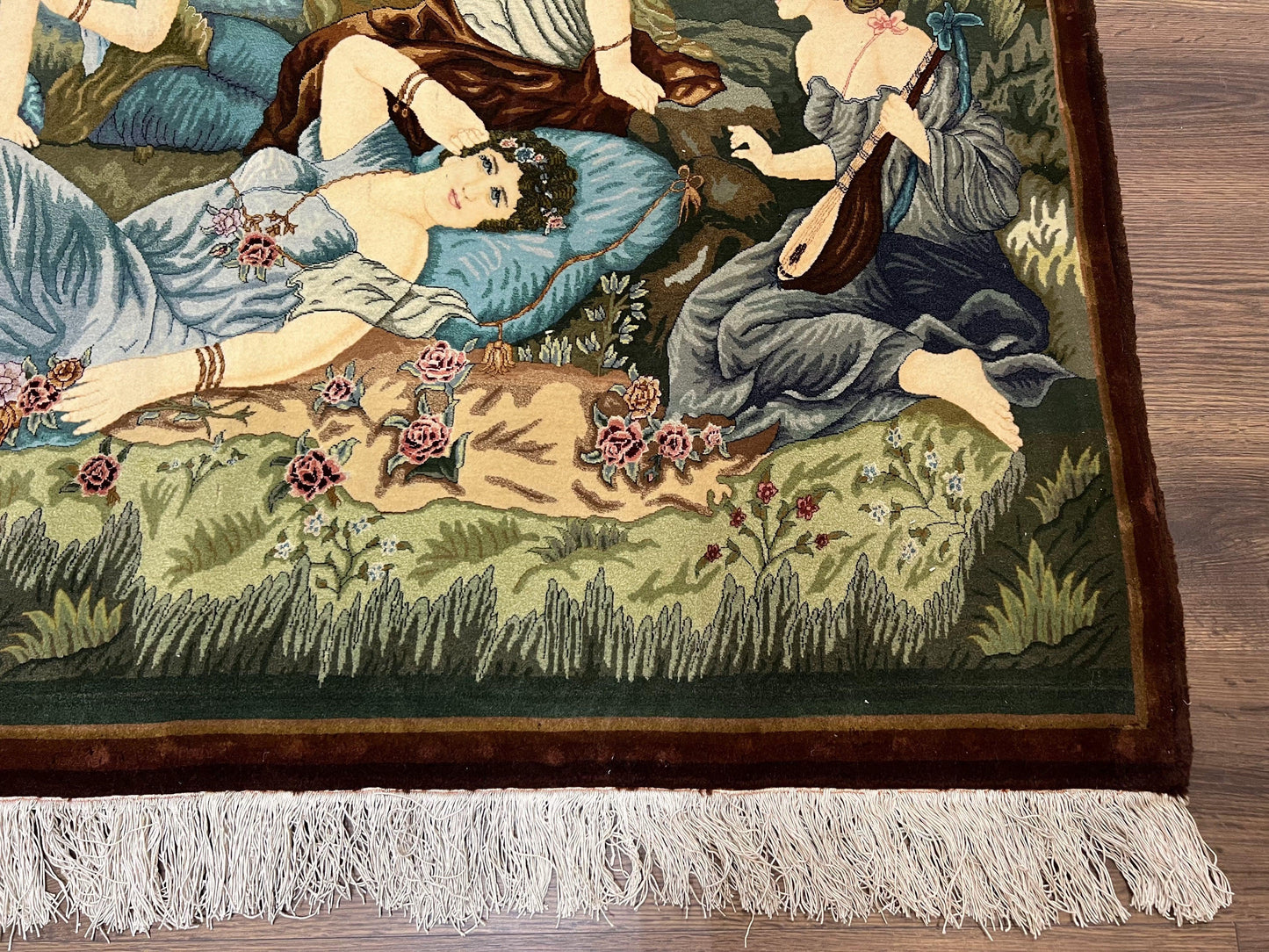 Persian Tabriz Pictorial Rug 5x3, Women Laying By River, Super Fine 60 Raj 480+ KPSI, Hand Knotted Wool Rug, Semi Antique Vintage Oriental Carpet - Nuvé