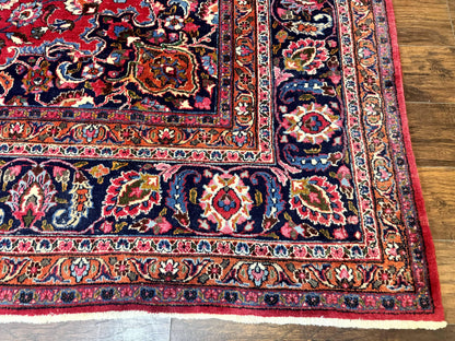 Antique Persian Mashad Rug 10x13, Red and Navy Blue, Great Colors, Signed By Masterweaver, Floral Medallion, Handmade Wool Persian Carpet - Nuvé