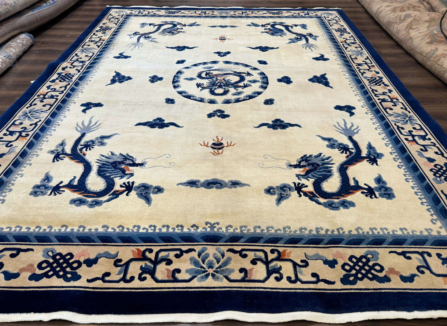 Chinese Dragon Peking Rug 8 x 11.6, Ivory and Blue, Chinese Wool Rug, Vintage - Nuvé
