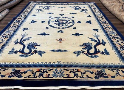Chinese Dragon Peking Rug 8 x 11.6, Ivory and Blue, Chinese Wool Rug, Vintage - Nuvé