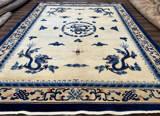 Chinese Dragon Peking Rug 8 x 11.6, Ivory and Blue, Chinese Wool Rug, Vintage - Nuvé