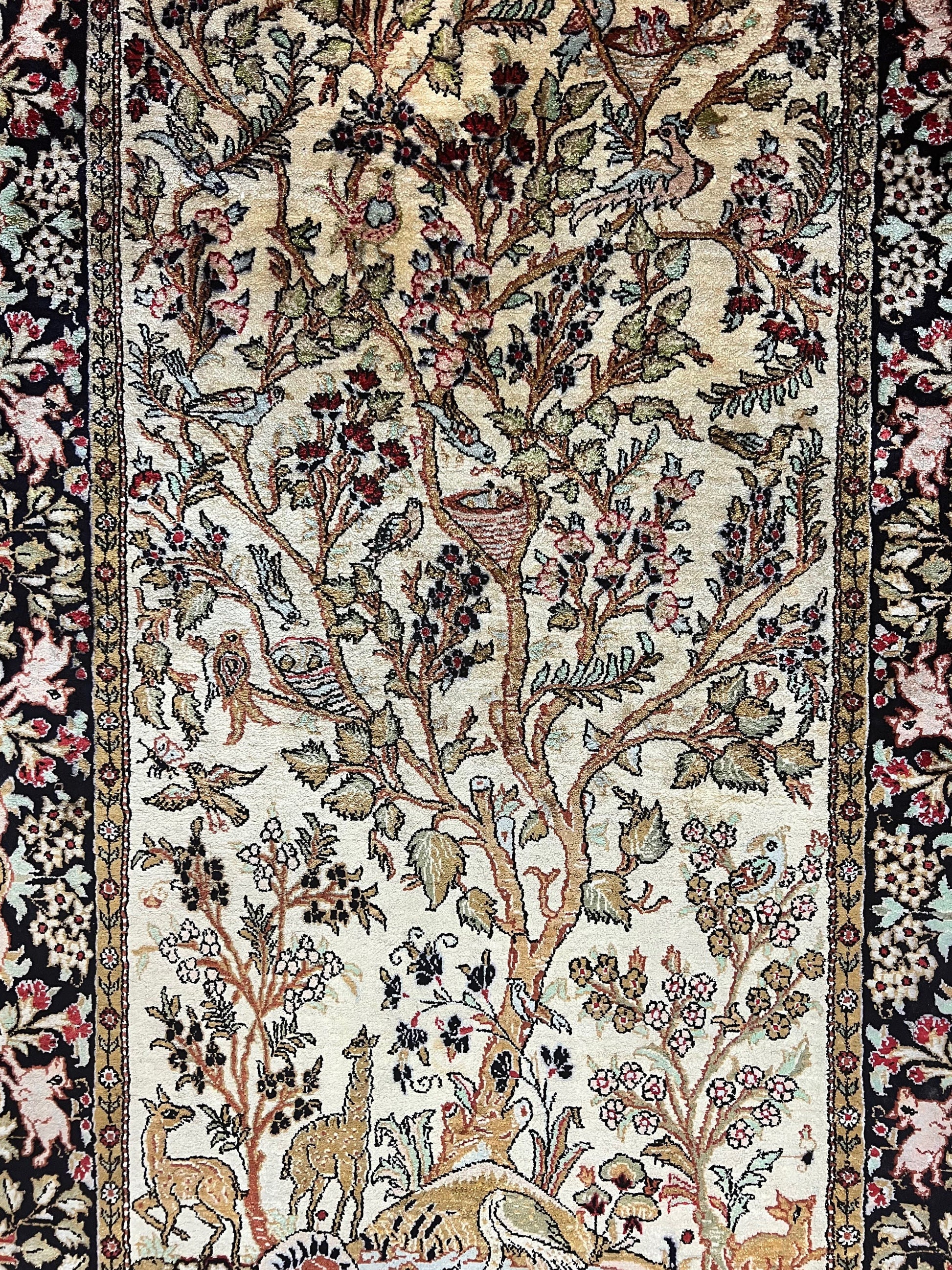 Silk Tree of Life Persian Qum Rug 3x4, Hand Knotted Vintage Carpet, Cream & Black, Very Fine Oriental Rug, Animal Pictorials, Birds - Nuvé