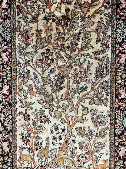 Silk Tree of Life Persian Qum Rug 3x4, Hand Knotted Vintage Carpet, Cream & Black, Very Fine Oriental Rug, Animal Pictorials, Birds - Nuvé