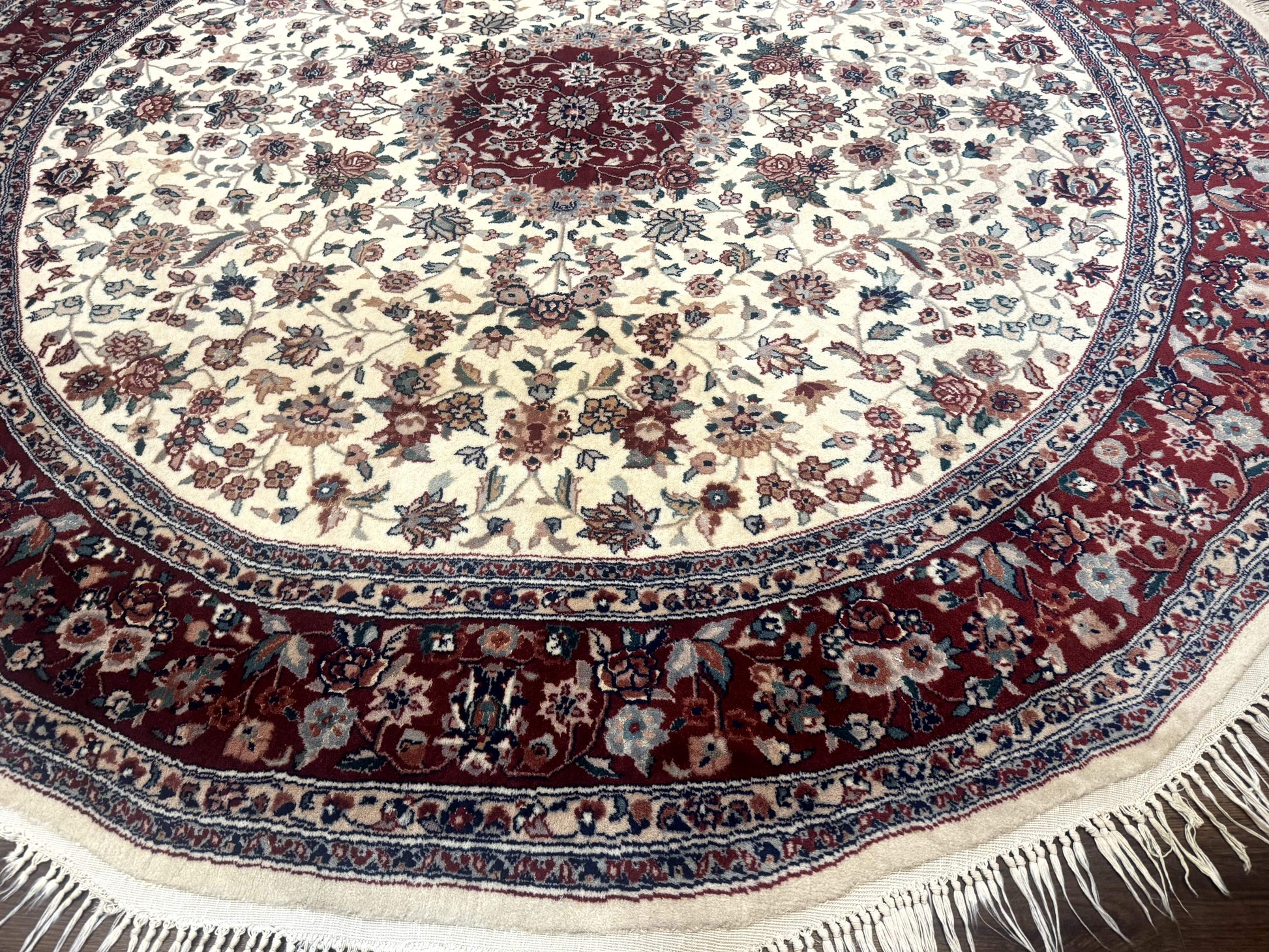 Round Sino Persian Rug 8x8, Wool and Silk, Floral Medallion, Ivory Dark Red - Nuvé