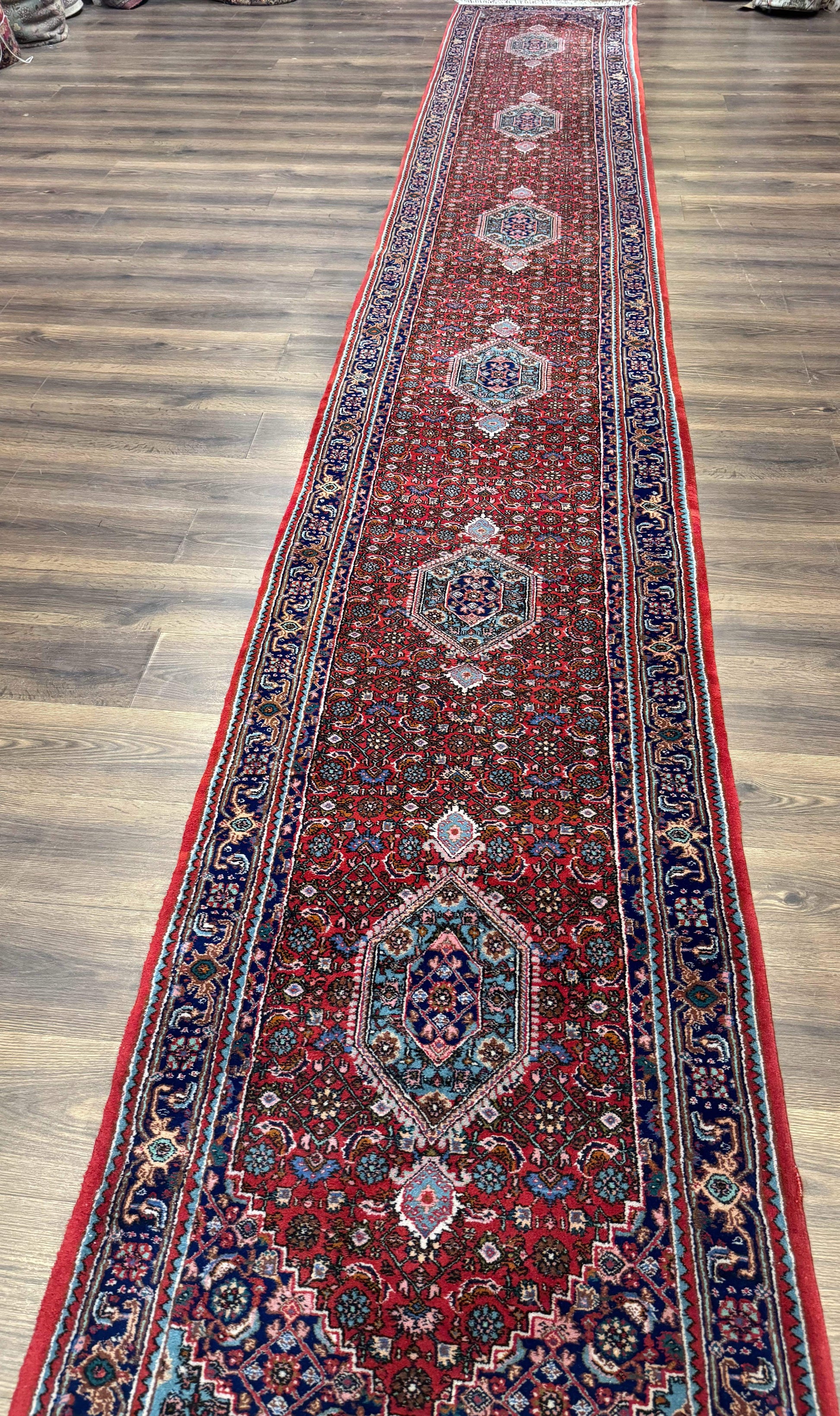 Indo Persian Bidjar Runner Rug 3 x 18.6, Red Navy Blue, Long Runner, Wool Oriental Carpet - Nuvé