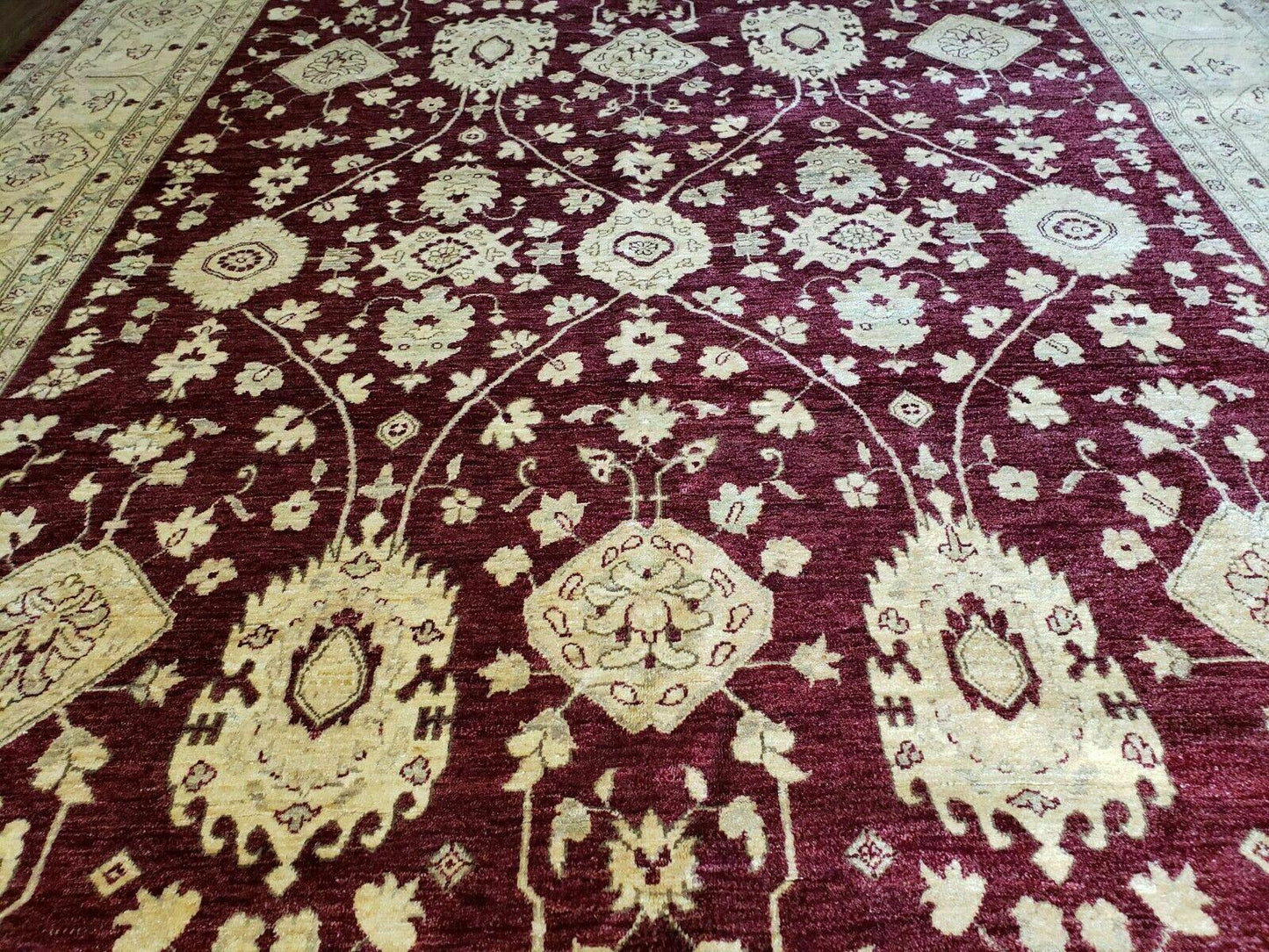 Pakistani Peshawar Rug 10x14, Handmade Chobi Carpet, Maroon & Beige - Nuvé